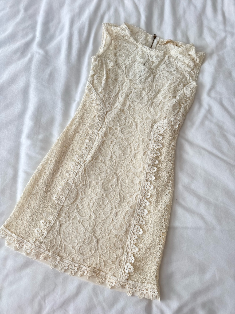 Lace Scallop-Trim Mini Dress in Cream